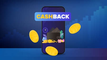 Cashback banner. Gold coins fall near the phone. The concept of earnings. Financial chart. Vector illustration.のイラスト素材