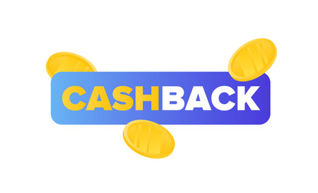 Concept for banner cashback. A ready-made logo with an inscription and flying gold coins. Vector.のイラスト素材