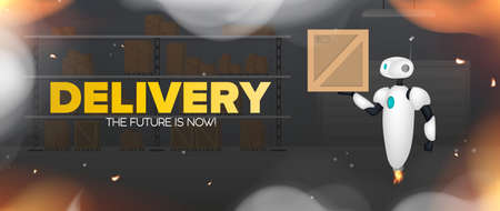 Delivery banner. White flying robot is holding a box. Warehouse with racks and boxes. Large...