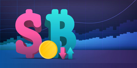Dollar and bitcoin sign on the background of financial charts. Neon colors. Analytics, business or financial exchange trading concept. Vector.のイラスト素材