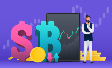 Financial trading banner. A businessman is pondering an idea. Gold coins, tablet, chart. Dollar and bitcoin icon. Vector.のイラスト素材