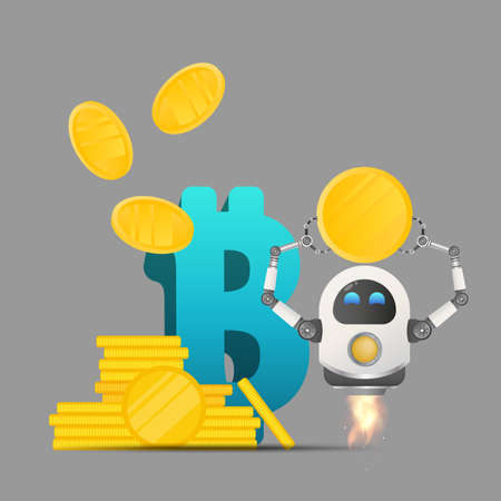 Flying robot holding a gold coin against the background of the bitcoin sign. Investment and capital increase concept. Vector.のイラスト素材