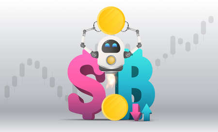 Flying robot holding a gold coin against the background of the dollar sign and bitcoin. Investment and capital increase concept. Vector.のイラスト素材