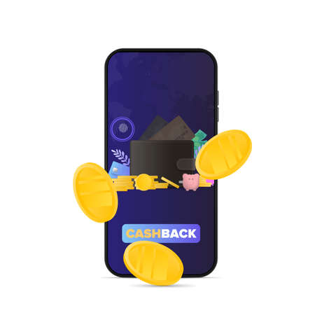 Gold coins fall near the phone. Refund application. Concept on the topic of finance, and earnings. Vector.のイラスト素材