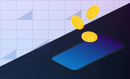 Gold coins fall on the Phone. Background with financial charts. The concept of money, cashback,...