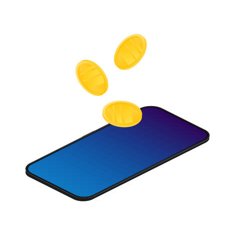 Gold coins fall on the Phone. Element for design on the topic of finance, cashback and earnings. Isolated. Vector.のイラスト素材