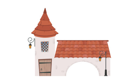 House with a tower and an arch. Stone building with windows, door and roof. Cartoon style. For the design of games, postcards and books. Isolated. Vector illustration.のイラスト素材
