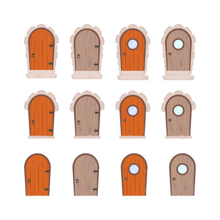 Large Set of Antique Wooden Doors. Stone cladding and steps. Wood texture. Cartoon style. Isolated, vector illustration.のイラスト素材