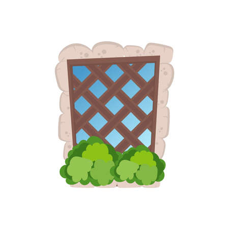 Old rectangular window with stone cladding and greenery on the windowsill. Wooden lattice on an old window. Isolated. Vector.のイラスト素材
