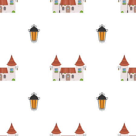 Seamless pattern with castle and towers. Endless background. Good for wrapping paper, postcards, and books. Cartoon style. Vector illustration.のイラスト素材