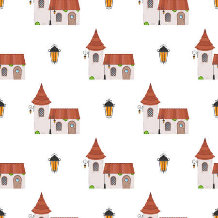 Seamless pattern with castle tower. Endless background. Good for wrapping paper, postcards, and books. Cartoon style. Vector illustration.のイラスト素材