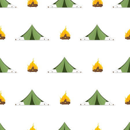 Seamless pattern with green tent and bonfire. Good on the topic of travel and camping. Vector.のイラスト素材