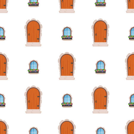 Seamless pattern with old wooden door and windows. Suitable for backgrounds, books and wrapping paper. Vector illustration.のイラスト素材