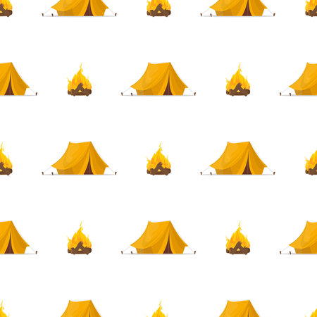 Seamless pattern with yellow tent and bonfire. Good on the topic of travel and camping. Vector.のイラスト素材