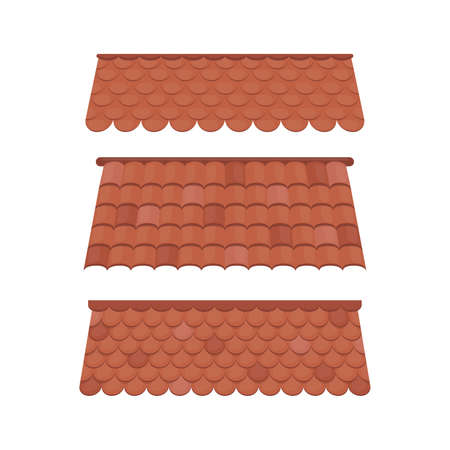 Set of Roofs for the design of summer cottages. Brown tile roof isolated on white background. Cartoon style. Vector illustration.のイラスト素材