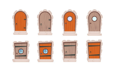 Set of wooden doors in cartoon style. Elements for the design of games or houses. Isolated. Vector illustration.のイラスト素材