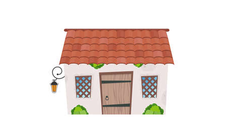 Small fairy house. Stone building with windows, door and roof. Cartoon style. For the design of games, postcards and books. Isolated on white background. Vector illustration.のイラスト素材