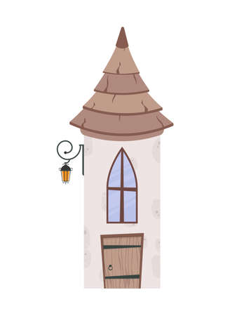 The building is in the form of a tower with a conical roof, a window and a wooden door. Cartoon style. Vector illustration.のイラスト素材
