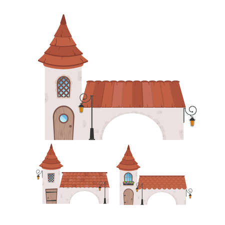 Vintage houses set. House with a tower and an arch. Stone building with windows, door and roof. Cartoon style. For the design of games, postcards and books. Isolated. Vector illustration.のイラスト素材