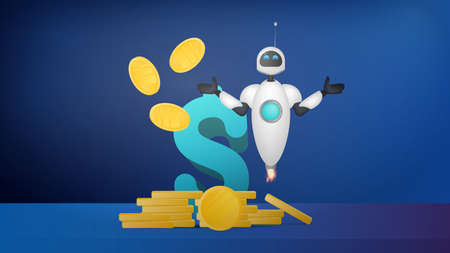 White flying robot and gold coins in the air. Dollar sign and a mountain of gold coins. For the topic of saving and returning money. Vector illustrationのイラスト素材