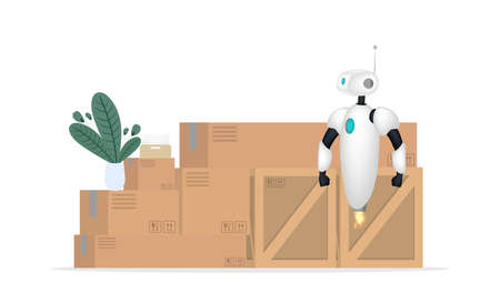 White flying robot on the background of boxes. Delivery and trucking concept. Realistic style....
