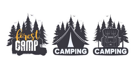 A set of logos on the theme of camping. Silhouette of a forest, a tent, a backpack for tourism and a mobile home. Vector.のイラスト素材