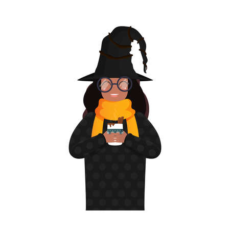 African American girl dressed as a witch. Halloween theme. Isolated. Cartoon style. Vector illustration.のイラスト素材