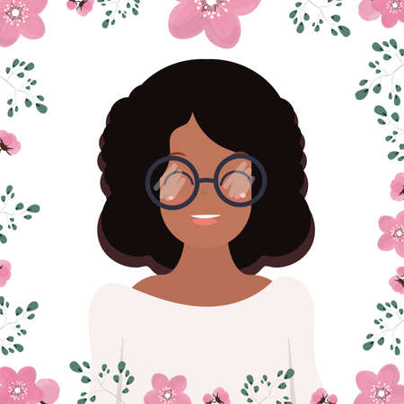 African American girl with glasses. Dark-skinned cute girl with black curly hair. Floral frame, square banner. Cartoon style. Vector illustration.のイラスト素材