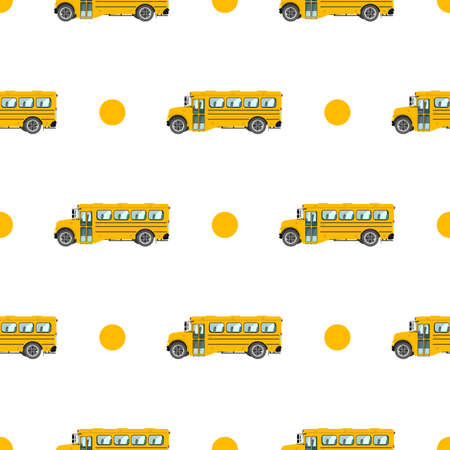 Baby bright cartoon bus vector seamless pattern on white background. Funny cute hand drawn kids toy...