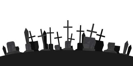 Black silhouettes of tombstones, crosses and gravestones. Elements of cemetery. Graveyard panorama. Vector illustrationのイラスト素材