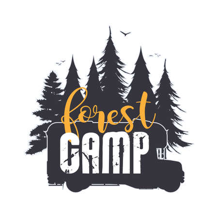 Camping logo with car and forest silhouette. Mobile home icon. Isolated. Vector.のイラスト素材