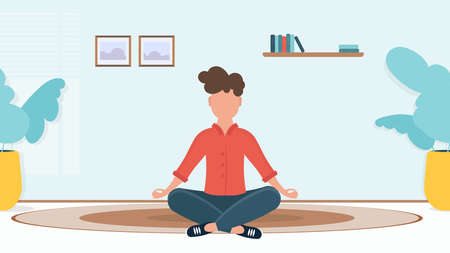 Flat vector illustration with young man meditating alone at home. Peaceful calm guy practicing yoga in lotus position indoors, holding hands in mudra. Vectorのイラスト素材