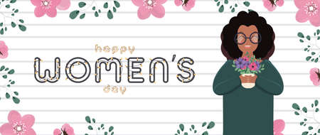 Happy womens day. African-American girl with glasses holds flowers in her hands. Pretty dark-skinned...