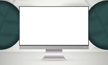 Monitor with a white screen in a light studio. Realistic style. White studio background space with shadows and shelf. Vector.のイラスト素材