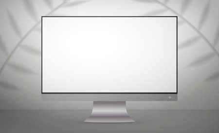 Monitor with a white screen in a light studio. White studio background space with shadows and shelf. Vector. Realistic style.のイラスト素材