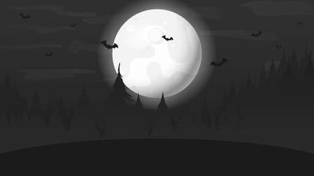 Night forest landscape with a full moon. Halloween theme. Flat illustration at night. Vector.のイラスト素材