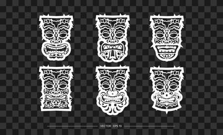 Polynesia Mask Pattern Set. The contour of the face or mask of a warrior. Polynesian, Hawaiian or Maori patterns. Template for print, t-shirt or tattoo. Vector illustration.のイラスト素材