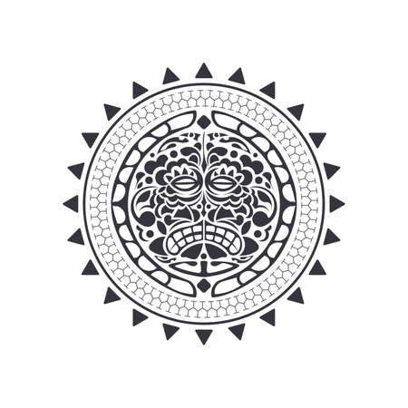 Polynesian Hawaiian style tattoo in the shape of a round mask. Tribal round pattern of the Mayan tribe. Isolated. Vector illustration.のイラスト素材