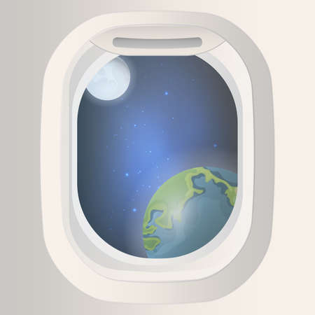 Porthole with a view of space. Rectangular porthole with a view of the planet earth and the moon. Vector illustration.のイラスト素材