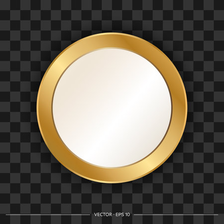 Realistic circle mirrors with gold frame. Realistic design for interior furniture. Reflective glass surfaces are insulated. Vector illustration.のイラスト素材