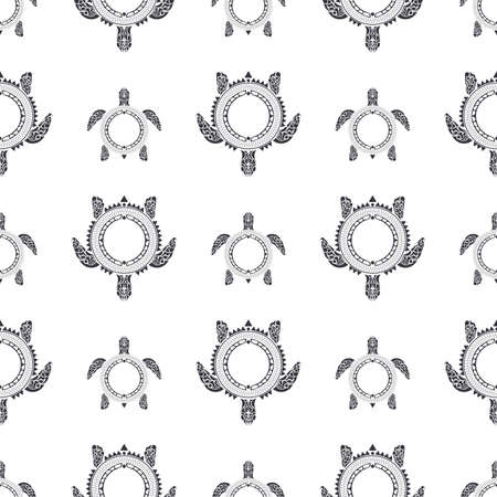 Seamless pattern with Maori sea turtles pattern. Polynesian tribal pattern. Seamless vector background.のイラスト素材