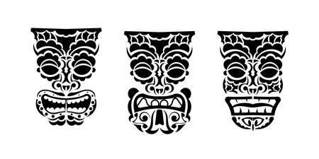 Set of Faces totems in ornament style. Polynesian, Maori or Hawaiian tribal patterns. Good for prints, tattoos, and t-shirts. Isolated. Vectorのイラスト素材