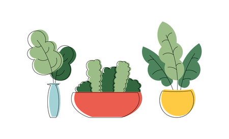 Set with colorful hand drawn flower pots. Sketch style, doodle plants. Botany illustration. Vector. Isolatedのイラスト素材