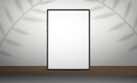 Tablet with a white screen. White studio with a shelf. Studio background space with leaves shadows. Vector. Realistic style.のイラスト素材