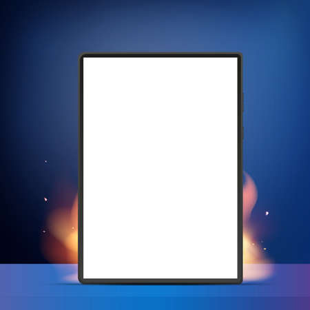 Tablet with white screen on fire and smoke. Hot sale, stock or promo concept. Ready advertising banner or poster. Realistic style. Vector illustration.のイラスト素材
