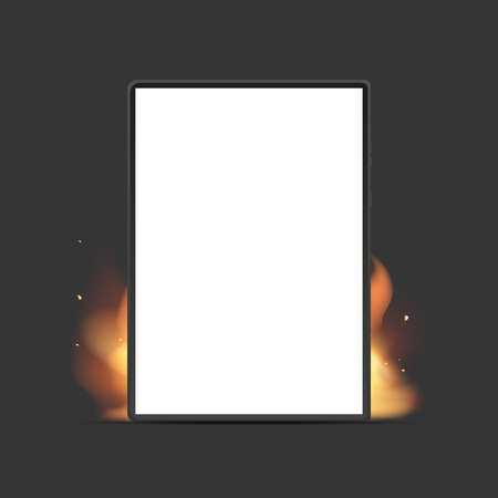 The tablet is on fire. Hot sale, stock or promo concept. Element for the design of advertising posters and banners on the theme of mobile equipment repair. vector.のイラスト素材