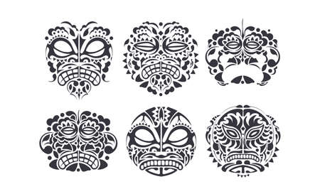 Vector design set - folk art tribal background. Hawaiian and Polynesian Tiki head totem.のイラスト素材