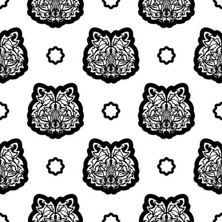 Black and white Seamless pattern with tiger face in Polynesian style. Good for garments, textiles, backgrounds and prints. Vector illustration.のイラスト素材