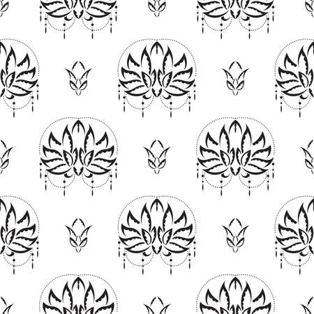 Black-white Seamless pattern with lotuses in Simple style. Good for clothing, textiles, backgrounds and prints. Vector illustration.のイラスト素材