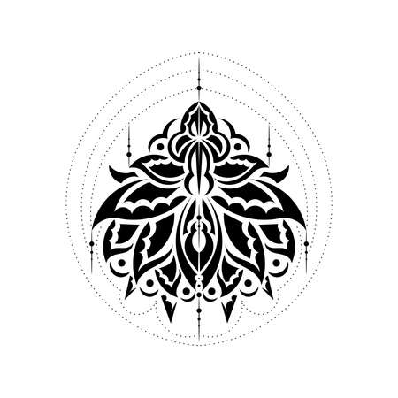 Lotus flower tattoo, yoga or zen decorative element in boho style. Lotus or water lily shapes, graphic elements in black on white background, Indian modern decorations. Vector illustration.のイラスト素材